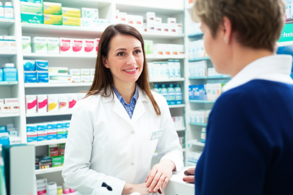 Pharmacist helping customer at counter